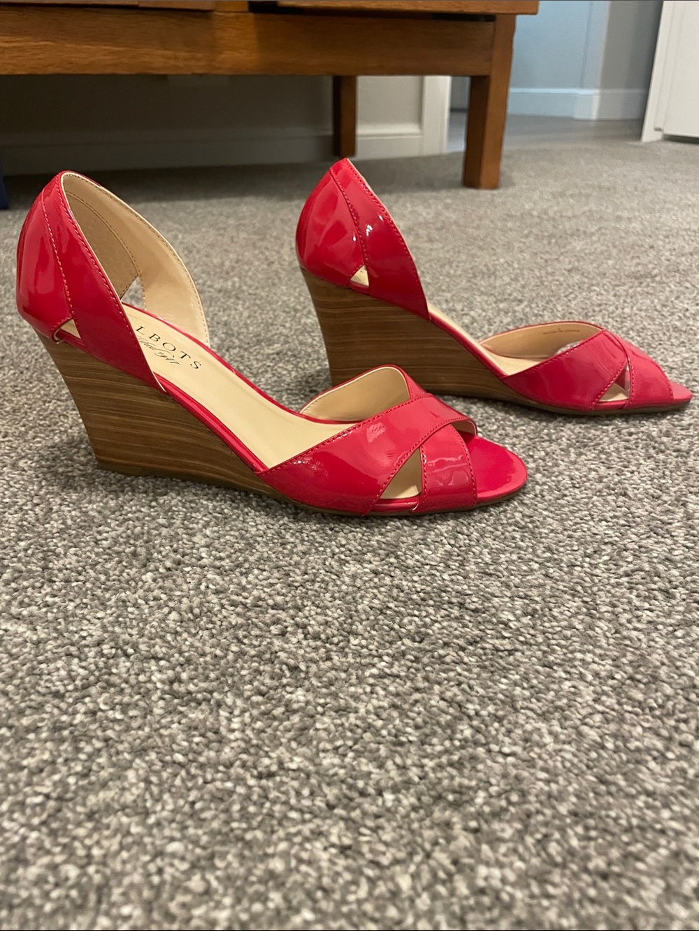 Talbots Red Patent Leather Open-Toe Wedge Heels